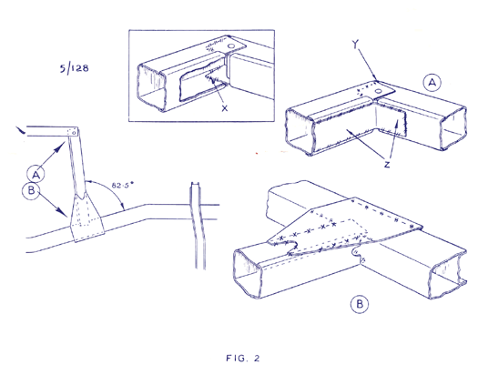 Figure 2, showing angle of outrigger to chassis and where to cut away for welding from inside. Click to enlarge, then your browser should allow you to further enlarge the image.